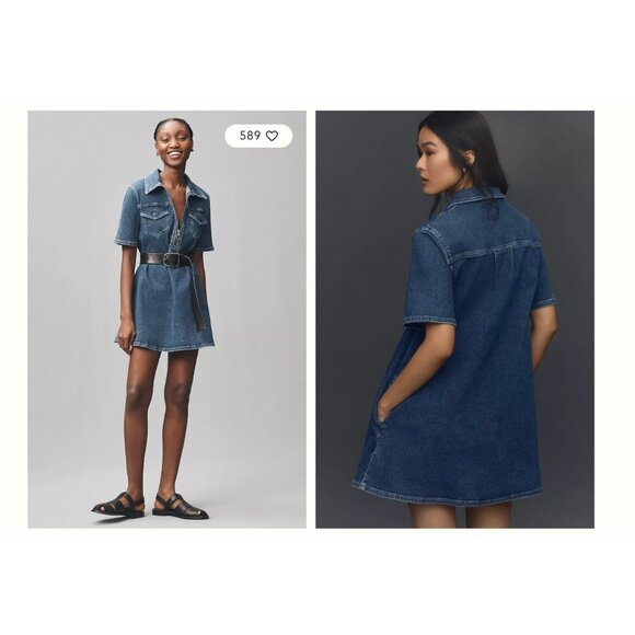 Anthropologie Dresses & Skirts - Pilcro Westley Denim Shirt Dress Womens XSP Blue Short Sleeve Collared Pockets